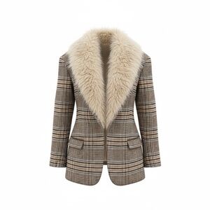 Plaid Blazer with Cream Faux Fur Shawl Collar - Brown Plaid